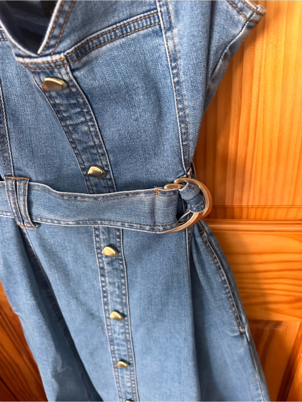 NWOT house of Harlow Denim Button-Front A-Line Dress with Belt - Blue - Picture 7 of 11